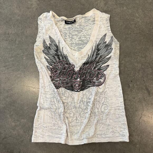 Vintage Tops - Vintage Y2K Hustler Wings Grunge White Baby Graphic Tank Top Sheer Pink Small